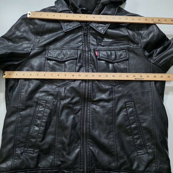Levi's Trucker Jacket Men L Black Faux Leather LS Hooded Pockets Western Grunge - Picture 4 of 16